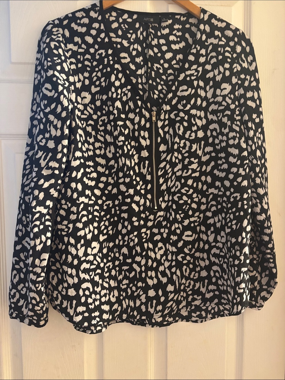 Black and White Animal Print Zip-Front Blouse